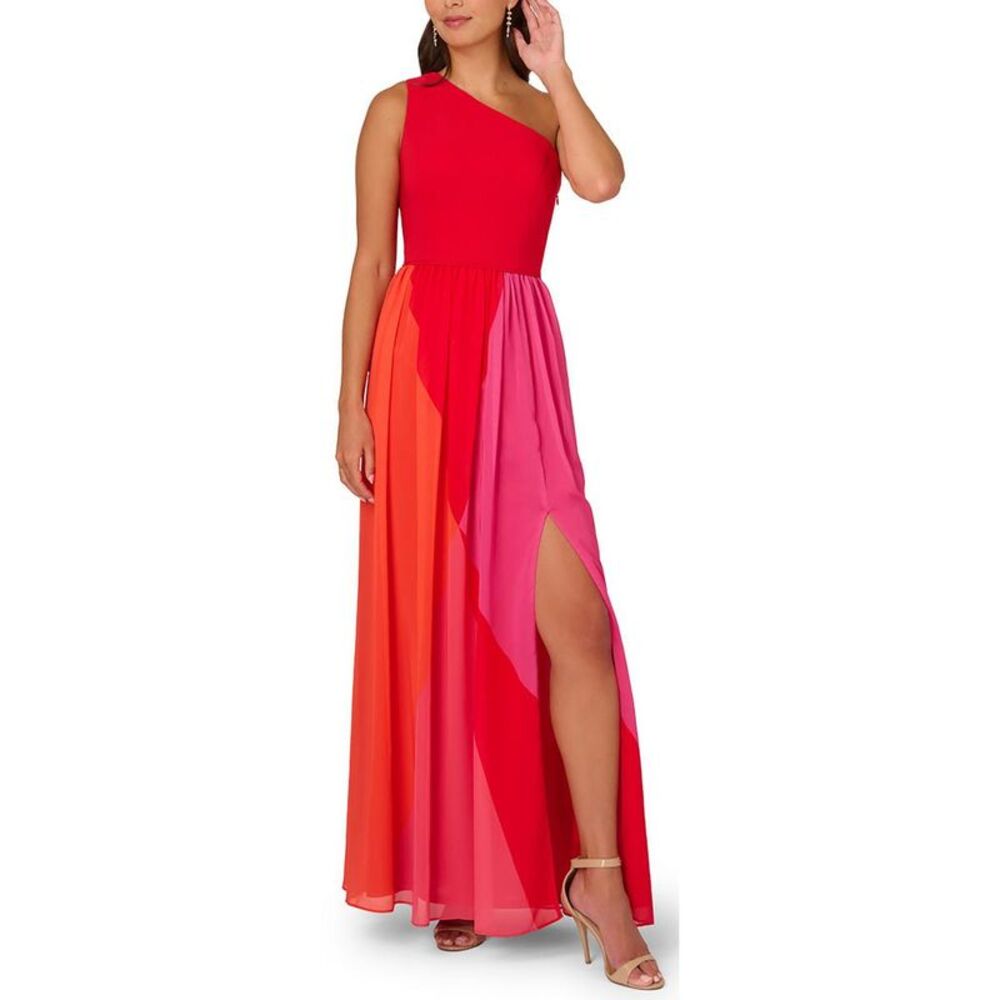 Adrianna Papell Womens Red Colorblock Chiffon Maxi Dress NWT